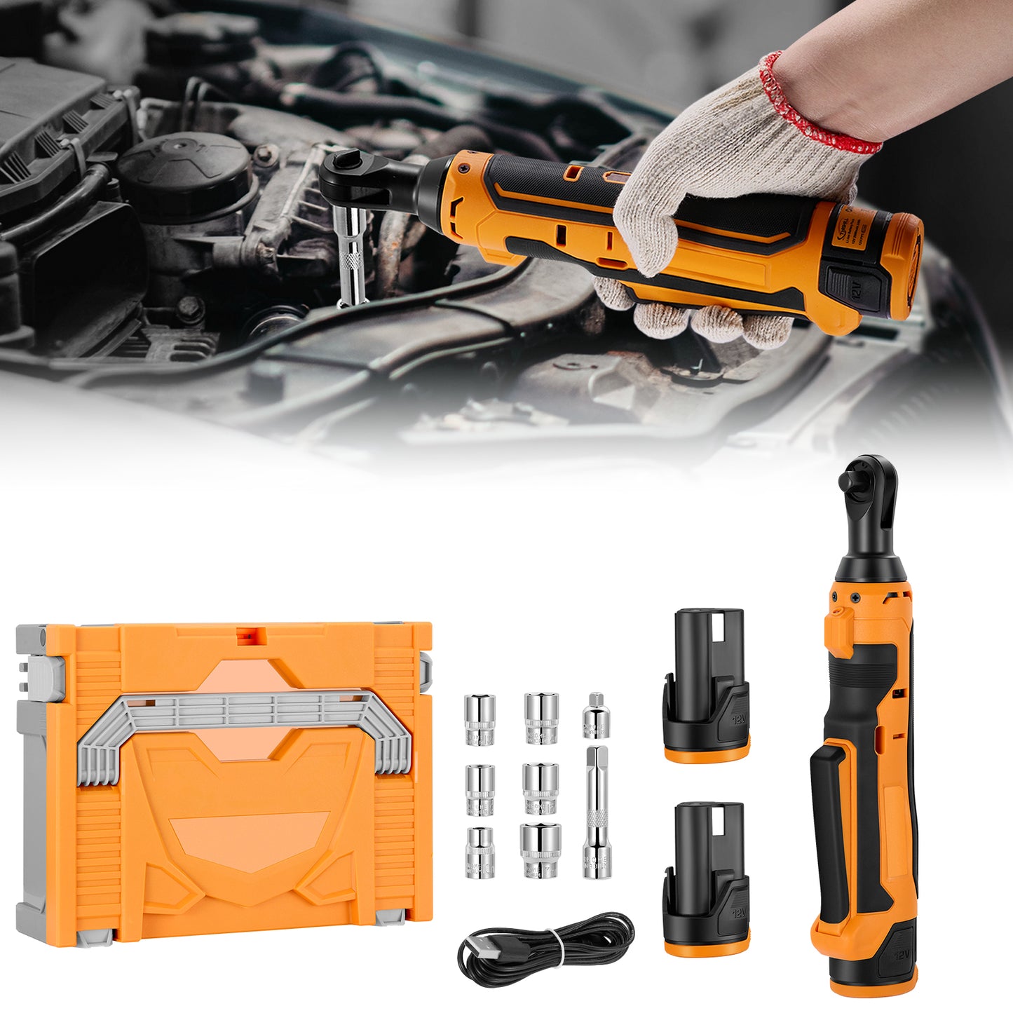 SPEEDWOW Cordless Electric Ratchet Wrench Set, 3/8" 12V Power Ratchet Tool Kit with 2x2.0Ah Lithium-Ion Battery, 7 Sockets, 48Ft-lbs & LED Light for Automobile Engine, Appliances and Farm Equipment