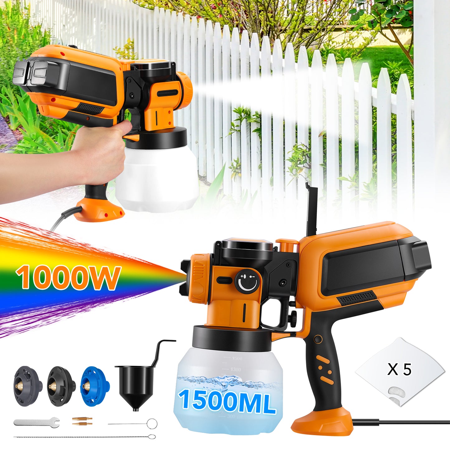 SPEEDWOW Paint Sprayer, 1000W HVLP High Power Electric Spray Paint Gun with Cleaning & Blowing Joints, 3 Nozzles & 3 Patterns for House, Fence, Walls, Furniture, Garden Chairs