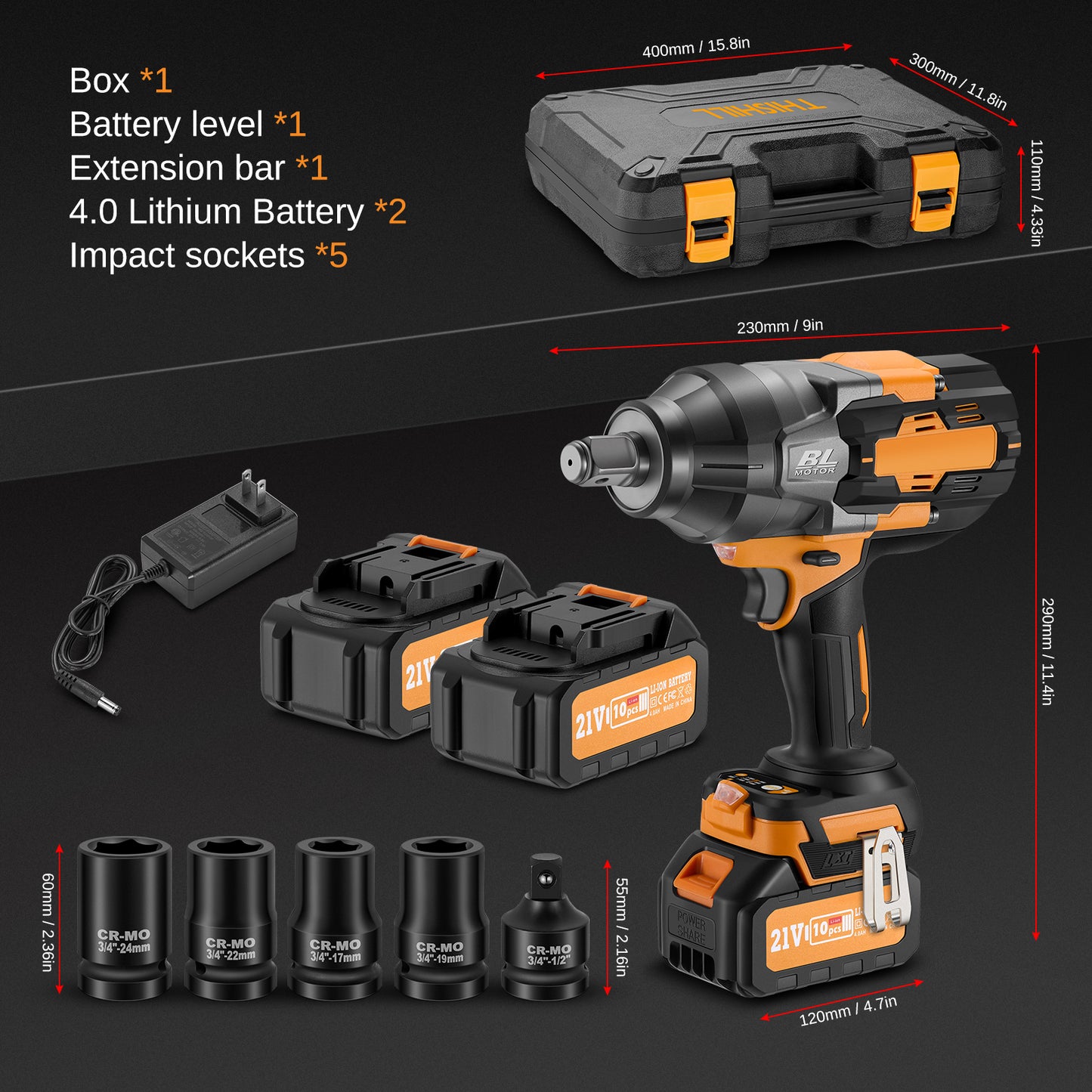 SPEEDWOW Cordless Impact Wrench, 1328Ft-lbs(1800Nm) 3/4" Brushless Impact Driver, 21V High Torque Power Wrench with 2x4.0Ah Battery, Charger for Car/Truck RV/Mower/Home