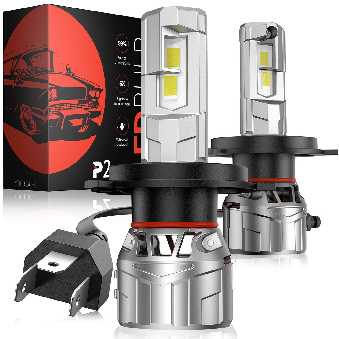 P2 Wide Voltage (9 - 32V) 130W 6500K 40000LM IP65 Rated Dual Light Source LED Headlight Bulbs 2 Pcs Ideal for H4/9003/HB2