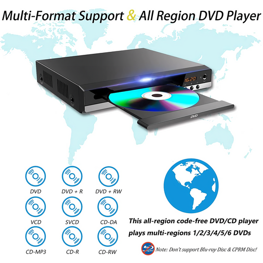 1080P HD DVD Player for Smart TV, Compact DVD Player with USB Input and HDMI/AC Output, Remote Control, All Region Free, Support PAL/NTSC System