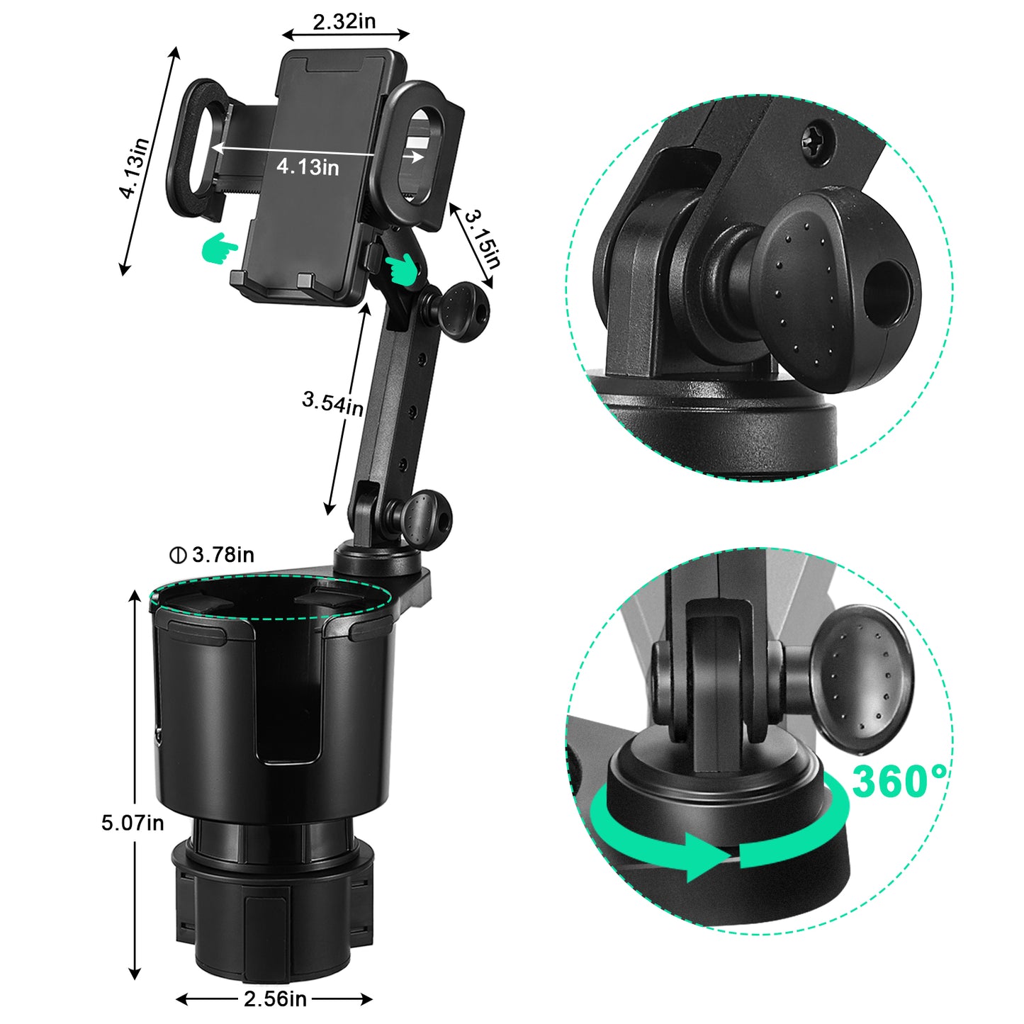 SPEEDWOW Upgraded 2-in-1 Car Cup Holder Expander Adjustable Base with Phone Mount 360° Rotation Cup Holder Cell Phone Holder for Car Compatible with iPhone,Samsung & All Smartphones