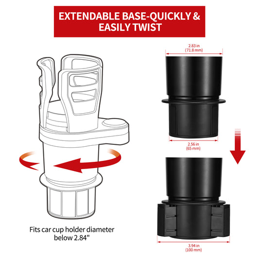 2 in 1 Multifunctional Car Cup Holder Expander with Adjustable Base, Cup Holder Extender for Car for Bottles Cups Drinks Snack