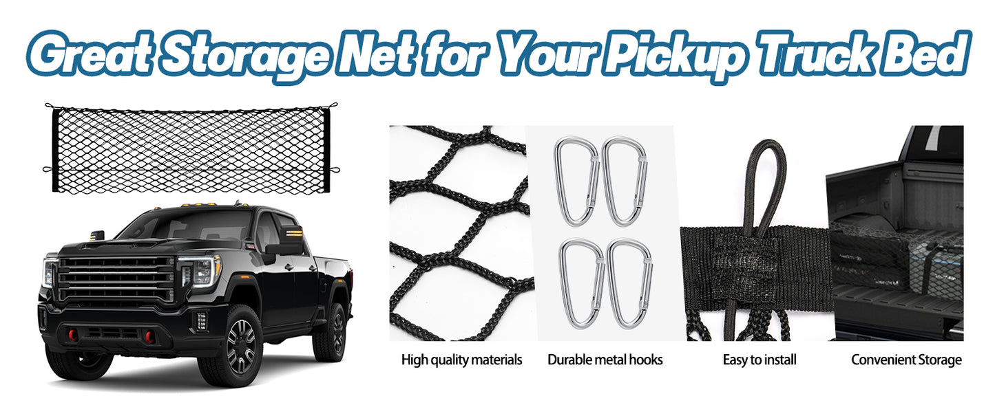 SPEEDWOW Pickup Truck Cargo Net, Envelope Style Trunk Organizers and Storage Net with 4 Metal Hooks, Fit for Silverado 2013-2022, GMC Sierra 2013-2022 and F150 2015-2022