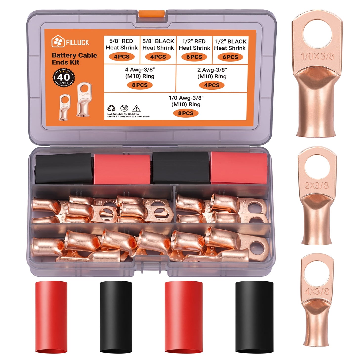 Filluck 40Pcs Copper Wire Lugs AWG 2 4 6 8 10 12 with Heat Shrink Set, Battery Cable Lugs Battery Cable Ends Ring Terminals Connectors with Heat Shrink Tubing Assortment Kit