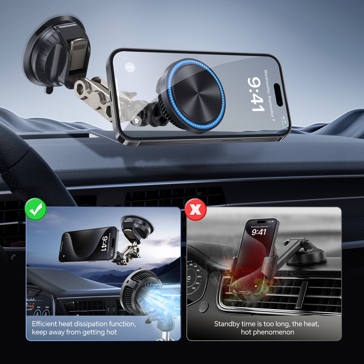 SPEEDWOW Magnetic Wireless Car Charger for MagSafe Car Mount for Dashboard & Windshield, Phone Holder 360° Suction Cup & Aluminum Alloy Telescopic Arm, 15W Fast Charging Compatible with All Smartphones