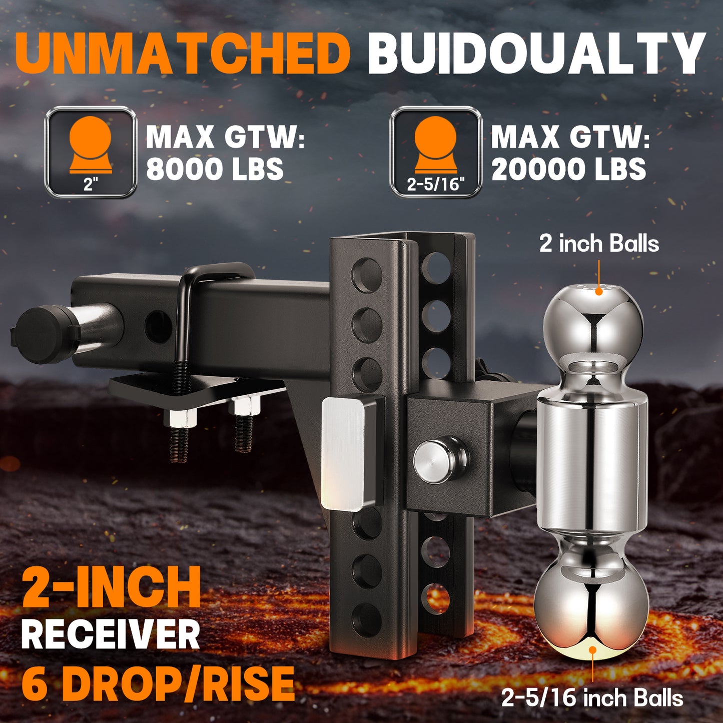 SPEEDWOW Heavy Duty Adjustable Trailer Hitch for 2" Receiver, 20,000 lbs GTW Aluminum Drop Hitch with 6" Drop/Rise, Dual Ball Mount (2" & 2-5/16") and 2 Anti-Theft Locking Pins