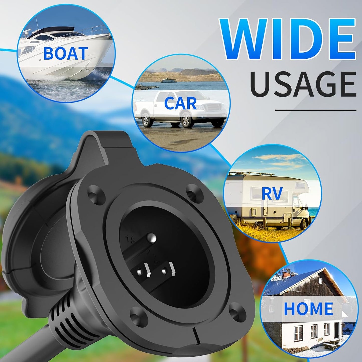 SPEEDWOW 15A AC Port Plug, 125V Power Inlet Socket, Waterproof Cover 16-Inch Integrated Outdoor Extension Cord NEMA 5-15P Flanged Generator Inlet Plug for RV Boat Electrical Connections