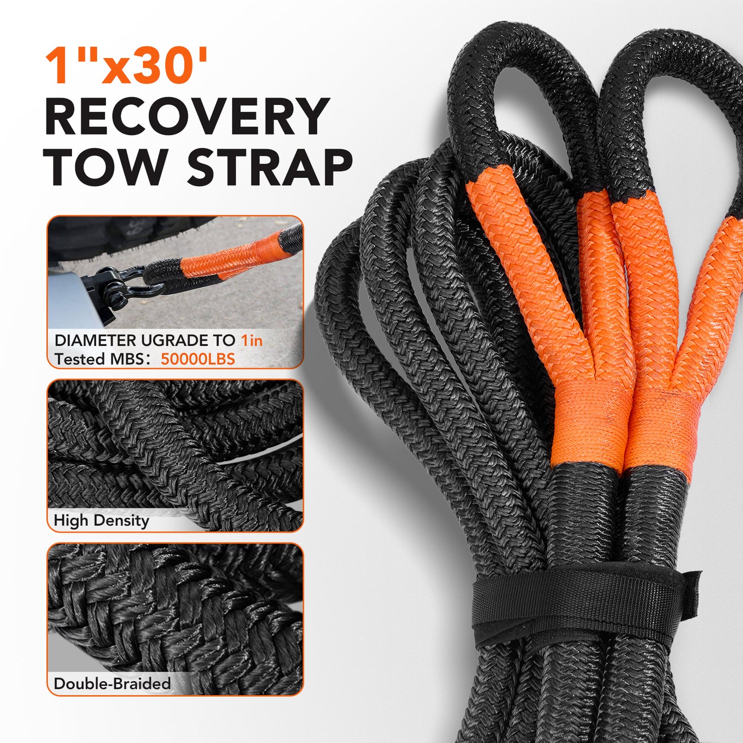 SPEEDWOW 50,000LB Kinetic Recovery Rope with 2 Soft Shackles, 1" x 30FT Heavy Duty Snatch Strap for Jeep, Truck, Off-Road Recovery - 35% Elasticity for Safe Vehicle Extraction
