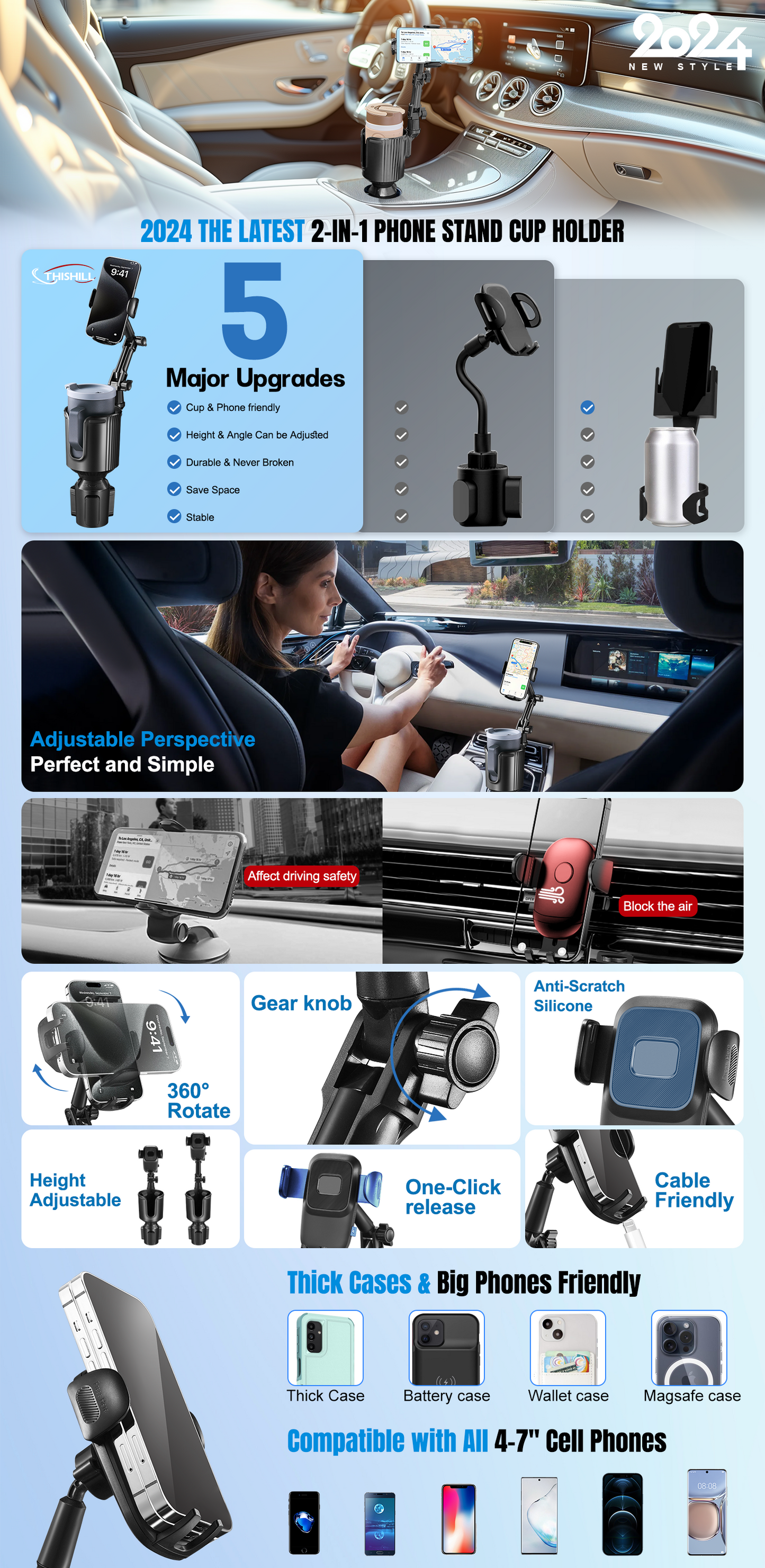 SPEEDWOW 2-in-1 Car Cup Holder Phone Mount with Adjustable Base & 360° Rotation - Universal Compatibility for iPhone, Samsung & All Smartphones (Upgraded Design)