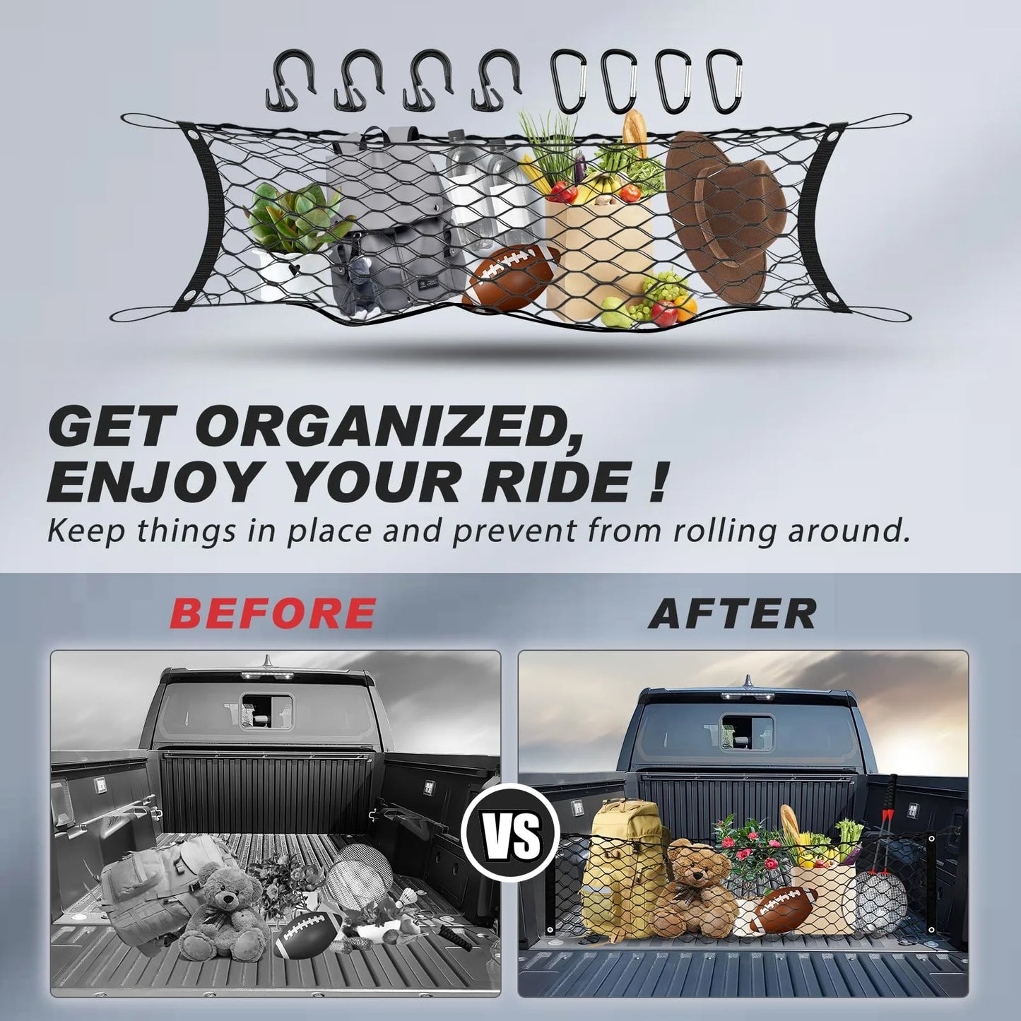 Filluck Cargo Net for Pickup Truck Bed, 50" Mesh Trunk Organizer with 4 Metal Hooks, Fit for Silverado 2013-2022, GMC Sierra 2013-2022 and F150 2015-2022