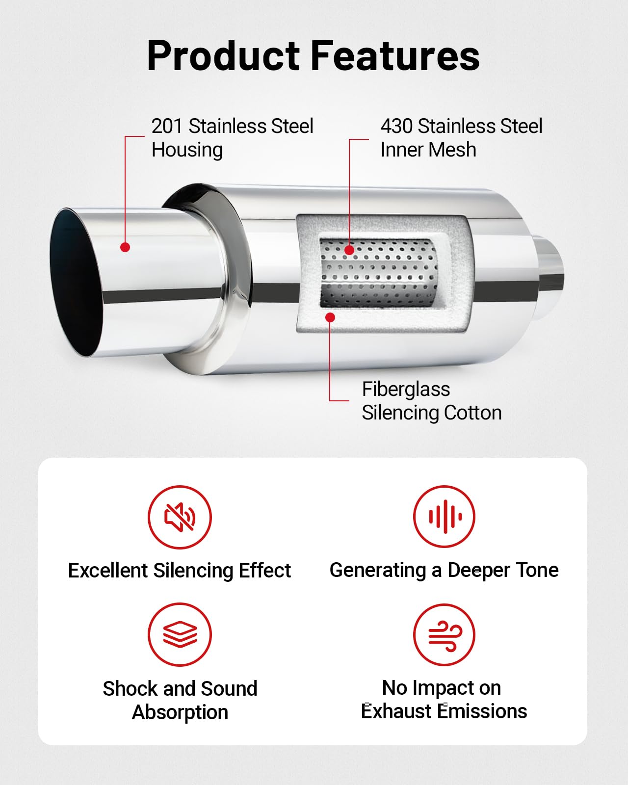 Exhaust Muffler, Straight Through Stainless Steel Exhaust Tip 15" Length 2" Inlet 3" Outlet Universal for Car Sedan SUV Truck Vehicles (Non Burnt)