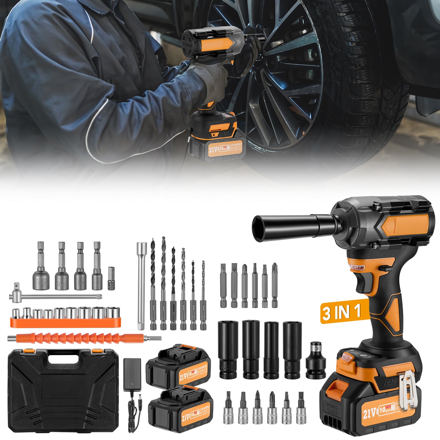 SPEEDWOW Cordless Impact Wrench, 443Ft-lbs (600N.m) 1/2" Brushless Impact Driver, 21V High Torque Power Wrench with 2x4.0Ah Battery, Charger, 17 Sockets, 6 Drills, 12 Screws for Car/Truck