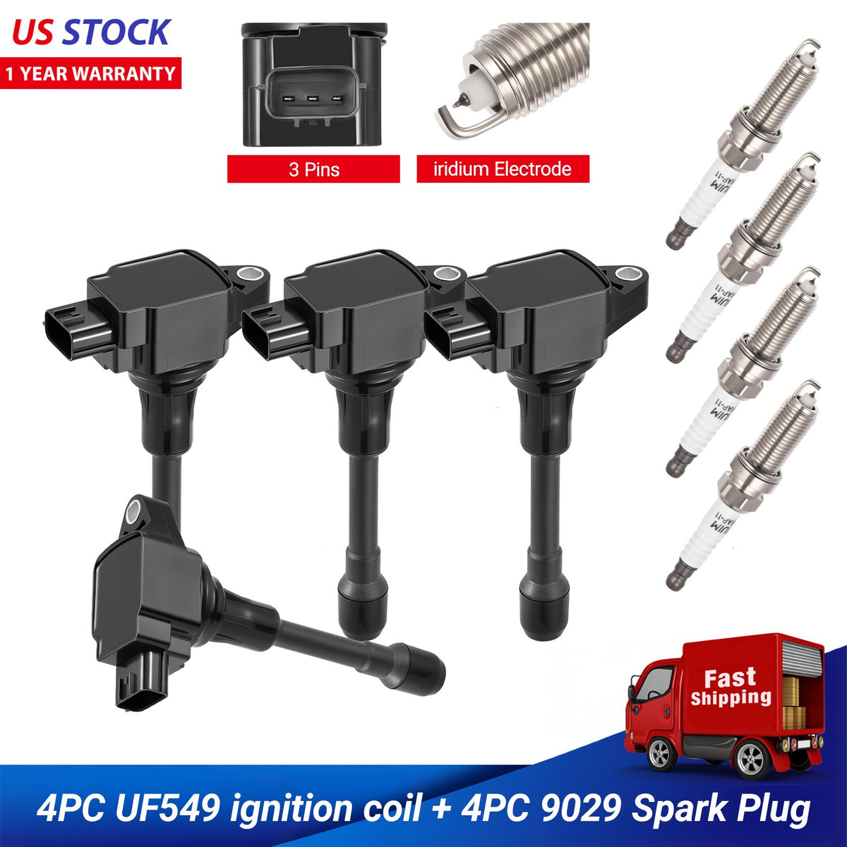 SPEEDWOW Ignition Coil Pack and Iridium Spark Plugs Compatible with Nissan 2007-2019 Altima Versa Sentra Rogue Cube NV200 UF549 9029, Sets of 4