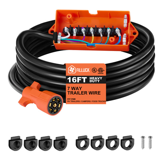 SPEEDWOW Heavy Duty 7 Way Inline Trailer Plug, 8 Feet Connector Cable 7Pin RV Round Extension Wiring Harness Weatherproof Junction Box, Premium Light & Brake Control Wiring Wires for RV Towing Car