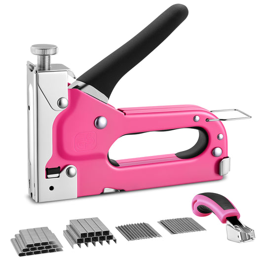 SPEEDWOW 4-in-1 Stapler Gun, Heavy Duty Staple Gun with 4000 Staples, Manual Brad Nailer Power Adjustment Stapler Gun for Wood, Crafts, Carpentry, and DIY-Pink