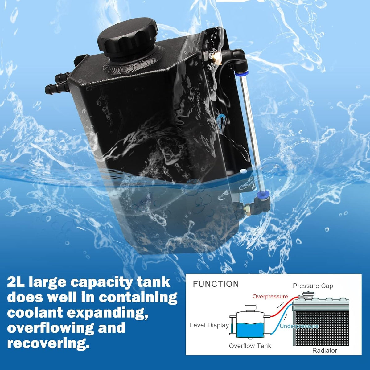 SPEEDWOW Coolant Overflow  Reservoir Tank 2L Expansion Catch Can Universal Radiator Reservoir Polished Aluminum Black