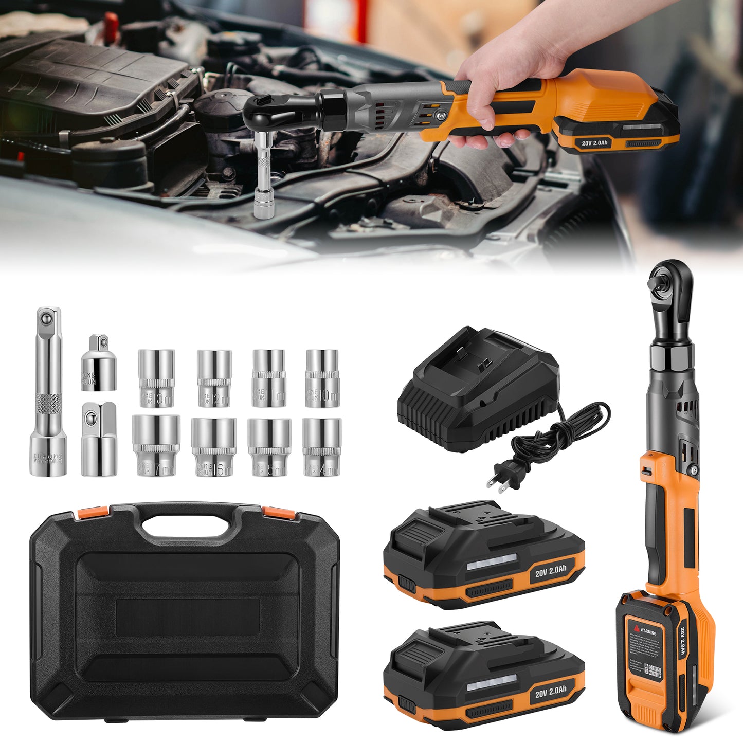 SPEEDWOW 21V Cordless Electric Ratchet Wrench Set, 66Ft-lbs 200RPM Power Ratchet Wrench 3/8", Variable Speed Trigger, 2x 2.0A Batteries & Charger, 8 Sockets, 1/4" and 1/2" Adapter, 3" Extension Bar