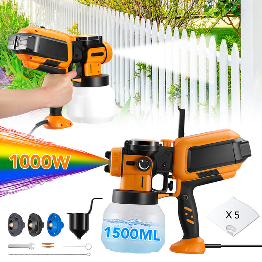 SPEEDWOW Paint Sprayer, 1000W HVLP High Power Electric Spray Paint Gun with Cleaning & Blowing Joints, 3 Nozzles & 3 Patterns for House, Fence, Walls, Furniture, Garden Chairs