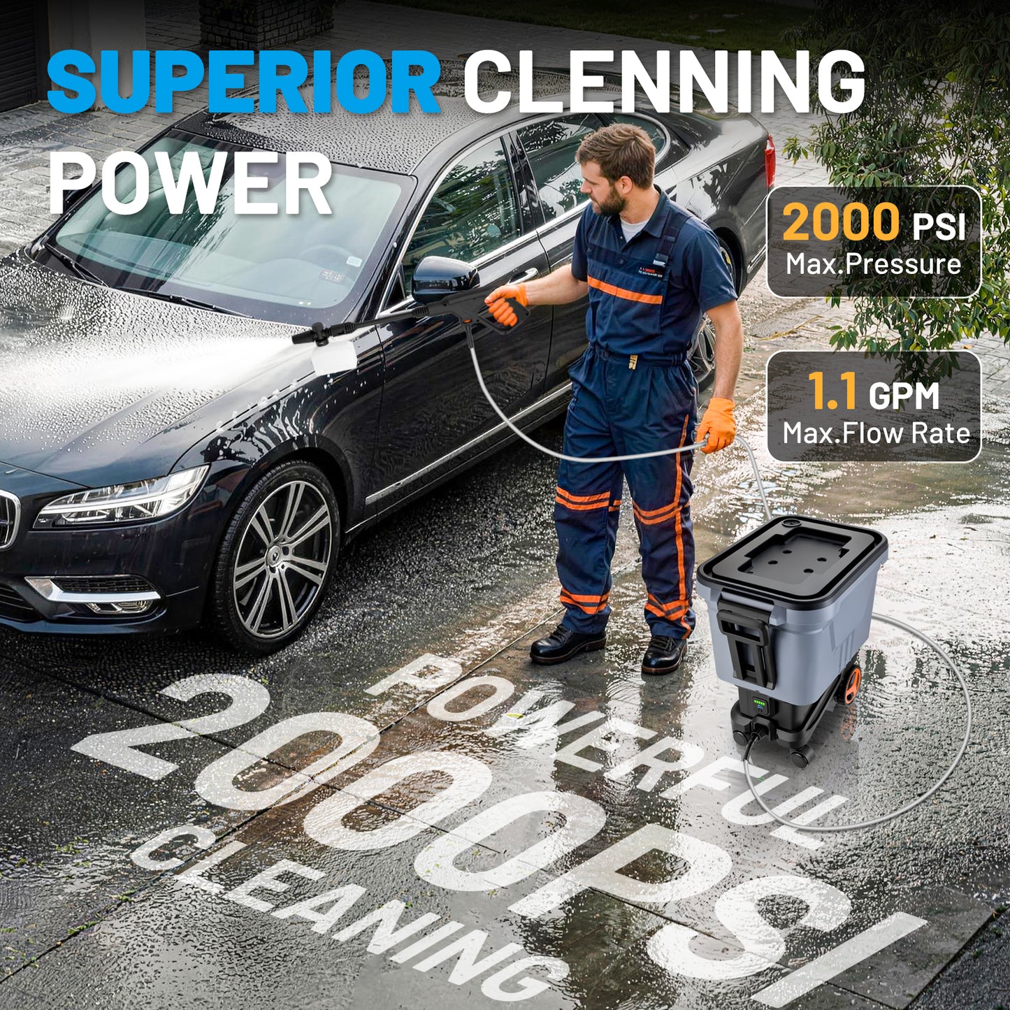 SPEEDWOW 2000PSI 1.1 GPM Cordless Pressure Washer, 7.2 Gal Water Tank, 3 Water Supply Modes, 0°-180° Swivel Joint, 16FT Hose for Car, Fence, Driveway, Patio, Deck