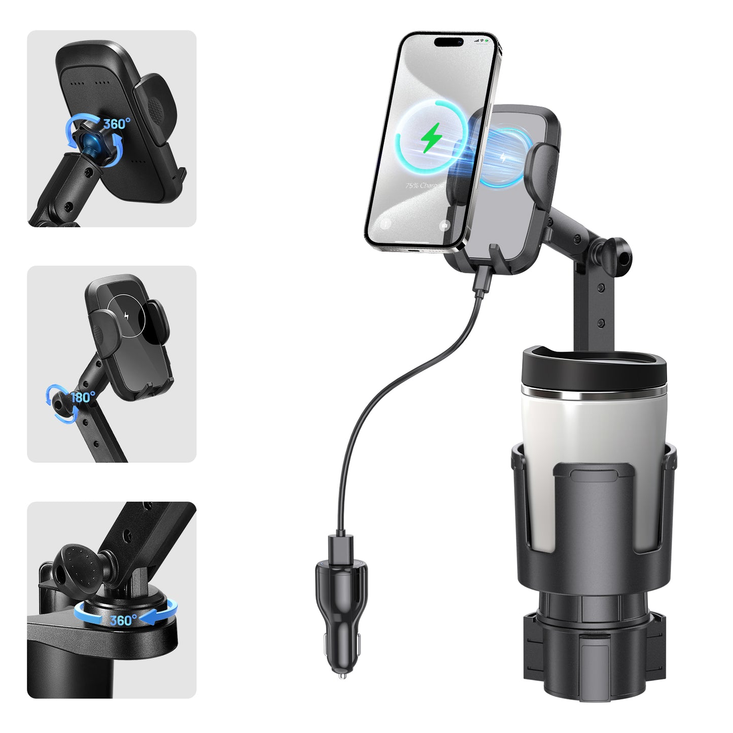 SPEEDWOW 3-in-1 Car Wireless Charger Cup Holder, 15W Fast Charge & 360° Phone Mount, Fits All Phone