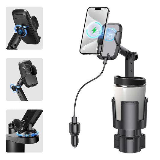 SPEEDWOW 3-in-1 Car Wireless Charger Cup Holder, 15W Fast Charge & 360° Phone Mount, Fits All Phone