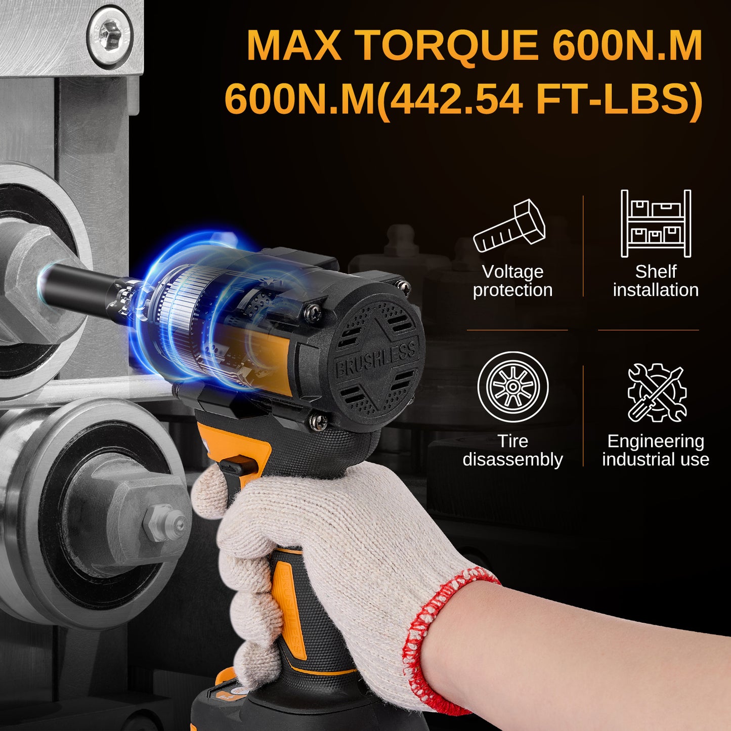 SPEEDWOW Cordless Impact Wrench, 443Ft-lbs (600N.m) 1/2" Brushless Impact Driver, 21V High Torque Power Wrench with 2x4.0Ah Battery, Charger, 17 Sockets, 6 Drills, 12 Screws for Car/Truck