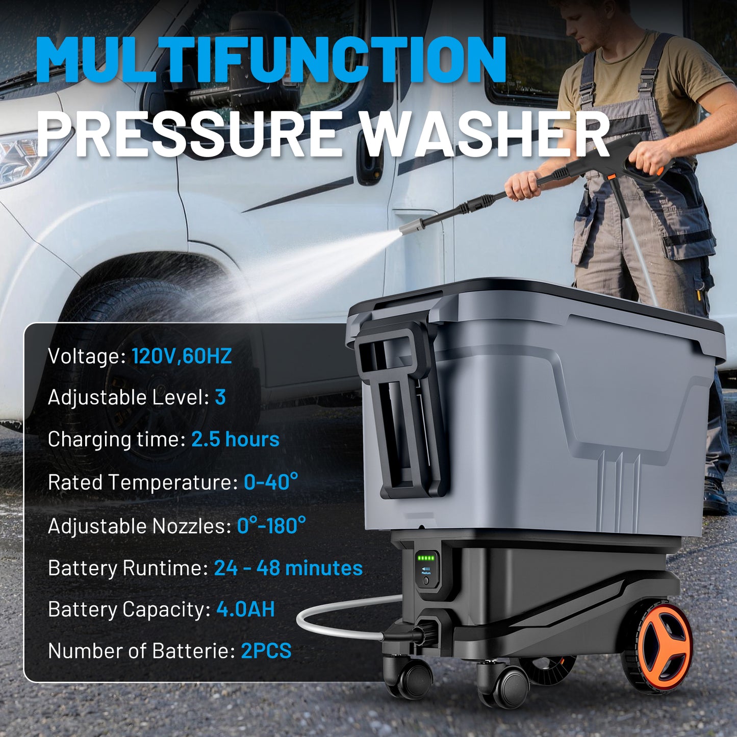 SPEEDWOW 2000PSI 1.1 GPM Cordless Pressure Washer, 7.2 Gal Water Tank, 3 Water Supply Modes, 0°-180° Swivel Joint, 16FT Hose for Car, Fence, Driveway, Patio, Deck