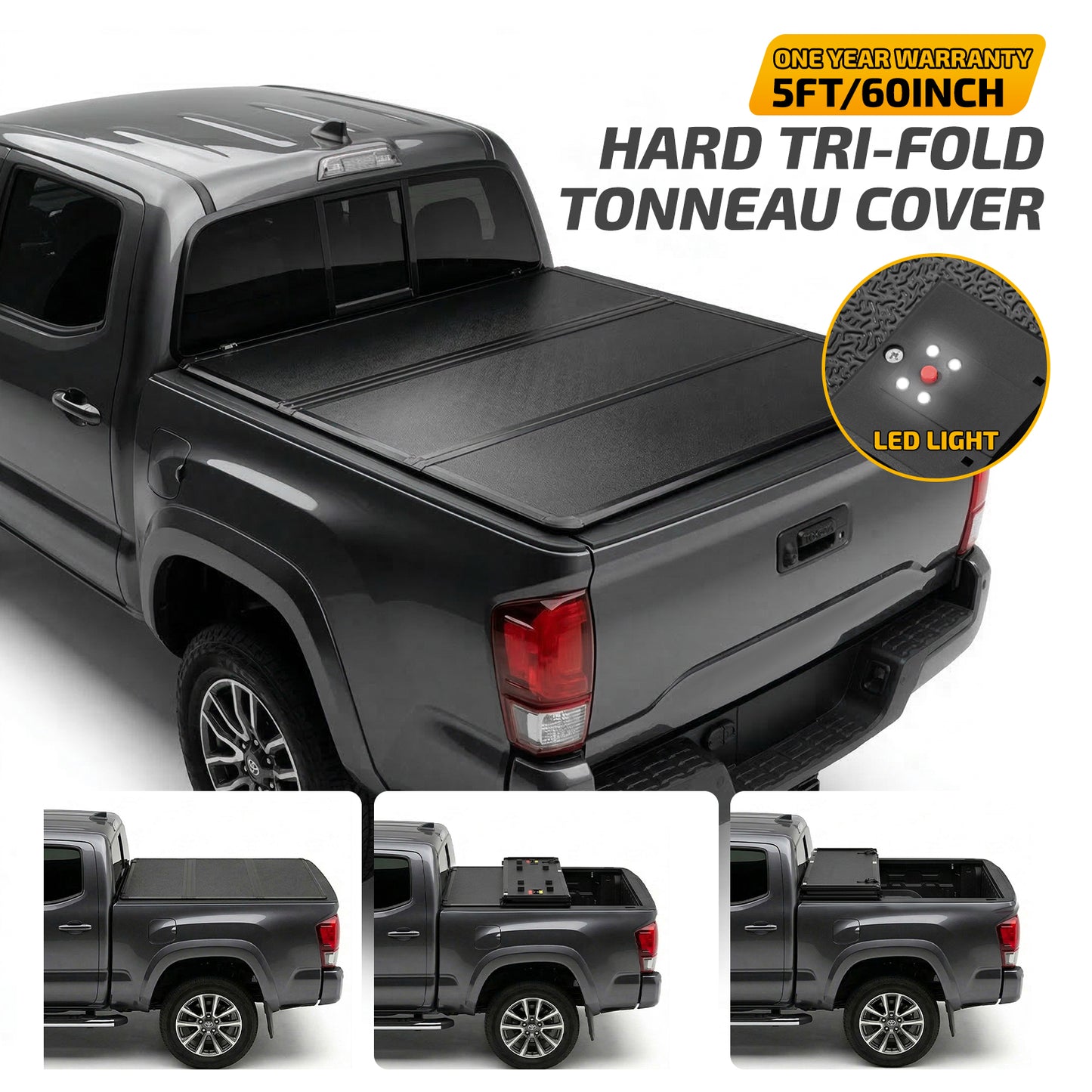 SPEEDWOW 5FT Tri-Fold Hard Truck Bed Tonneau Cover, Waterproof Truck Bed Tonneau Cover for 2016-2023 Toyota Tacoma