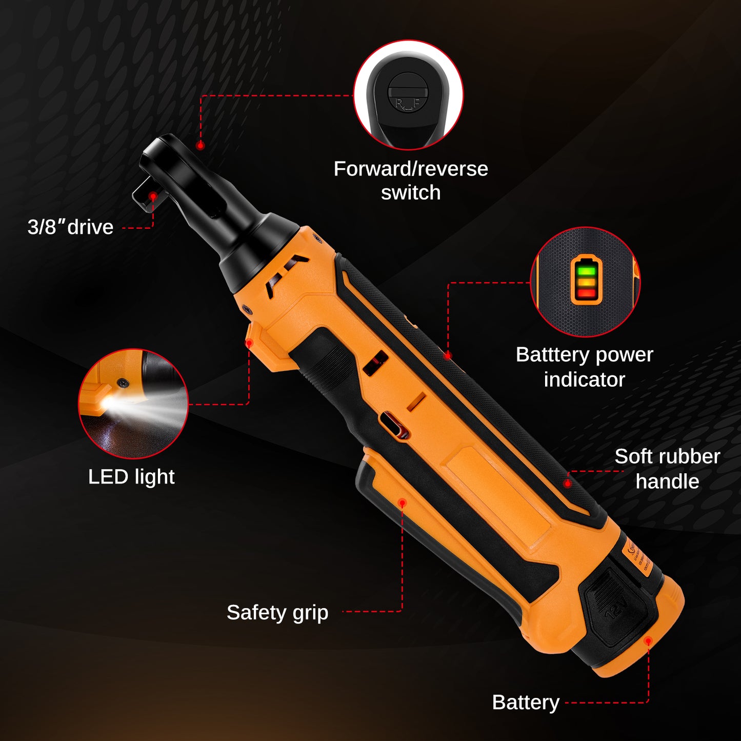 SPEEDWOW Cordless Electric Ratchet Wrench Set, 3/8" 12V Power Ratchet Tool Kit with 2x2.0Ah Lithium-Ion Battery, 7 Sockets, 48Ft-lbs & LED Light for Automobile Engine, Appliances and Farm Equipment