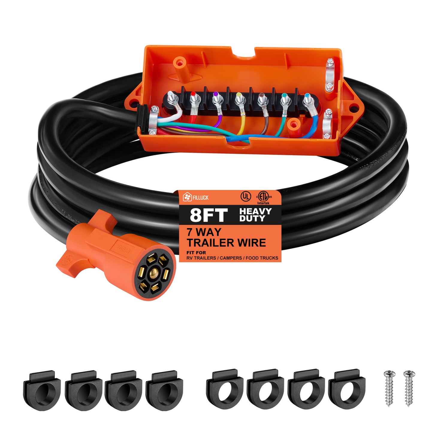 SPEEDWOW Heavy Duty 7 Way Inline Trailer Plug, 8 Feet Connector Cable 7Pin RV Round Extension Wiring Harness Weatherproof Junction Box, Premium Light & Brake Control Wiring Wires for RV Towing Car