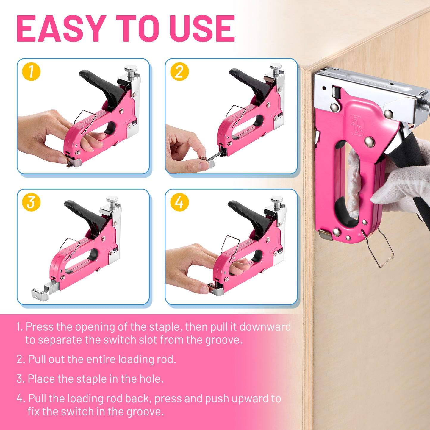 SPEEDWOW 4-in-1 Stapler Gun, Heavy Duty Staple Gun with 4000 Staples, Manual Brad Nailer Power Adjustment Stapler Gun for Wood, Crafts, Carpentry, and DIY-Pink