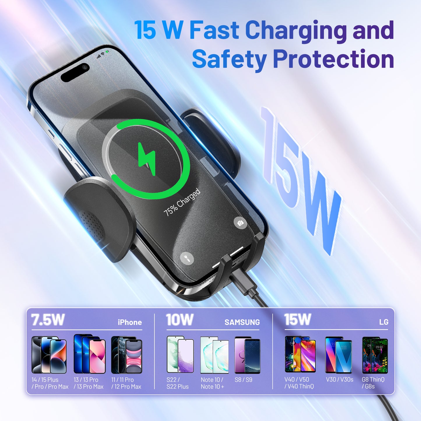 SPEEDWOW 3-in-1 Car Wireless Charger Cup Holder, 15W Fast Charge & 360° Phone Mount, Fits All Phone