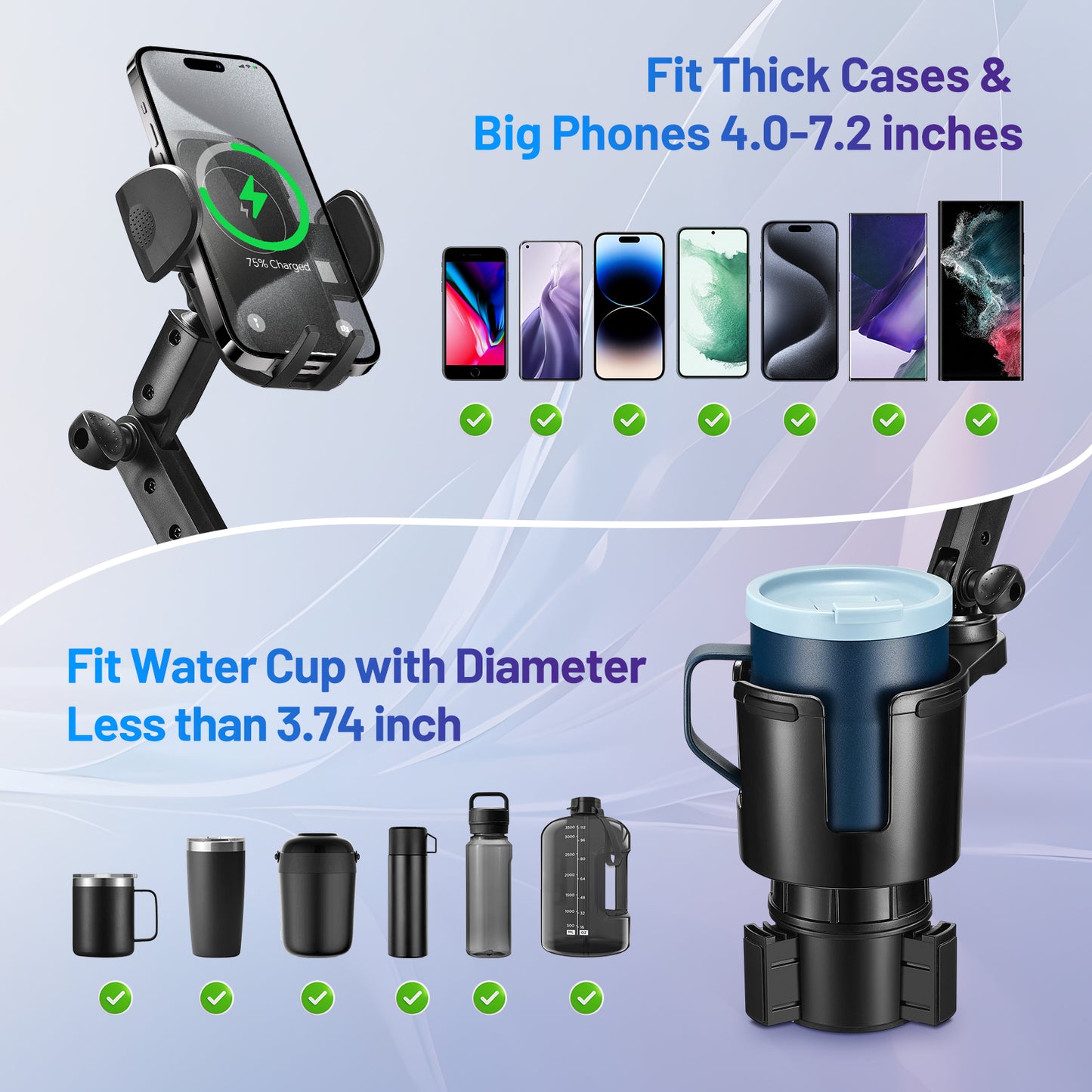 SPEEDWOW 3-in-1 Car Wireless Charger Cup Holder, 15W Fast Charge & 360° Phone Mount, Fits All Phone