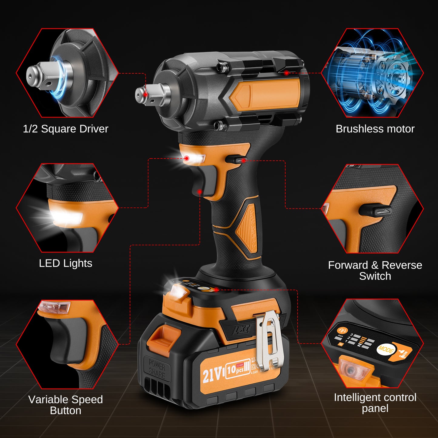 SPEEDWOW Cordless Impact Wrench, 443Ft-lbs (600N.m) 1/2" Brushless Impact Driver, 21V High Torque Power Wrench with 2x4.0Ah Battery, Charger, 17 Sockets, 6 Drills, 12 Screws for Car/Truck