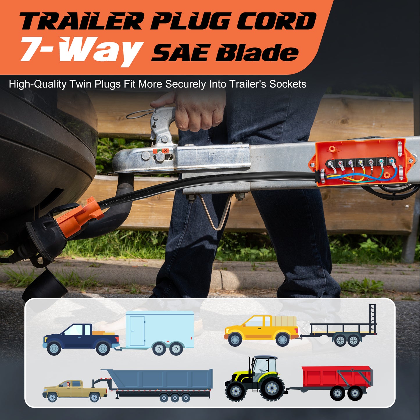 SPEEDWOW Heavy Duty 7 Way Inline Trailer Plug, 8 Feet Connector Cable 7Pin RV Round Extension Wiring Harness Weatherproof Junction Box, Premium Light & Brake Control Wiring Wires for RV Towing Car