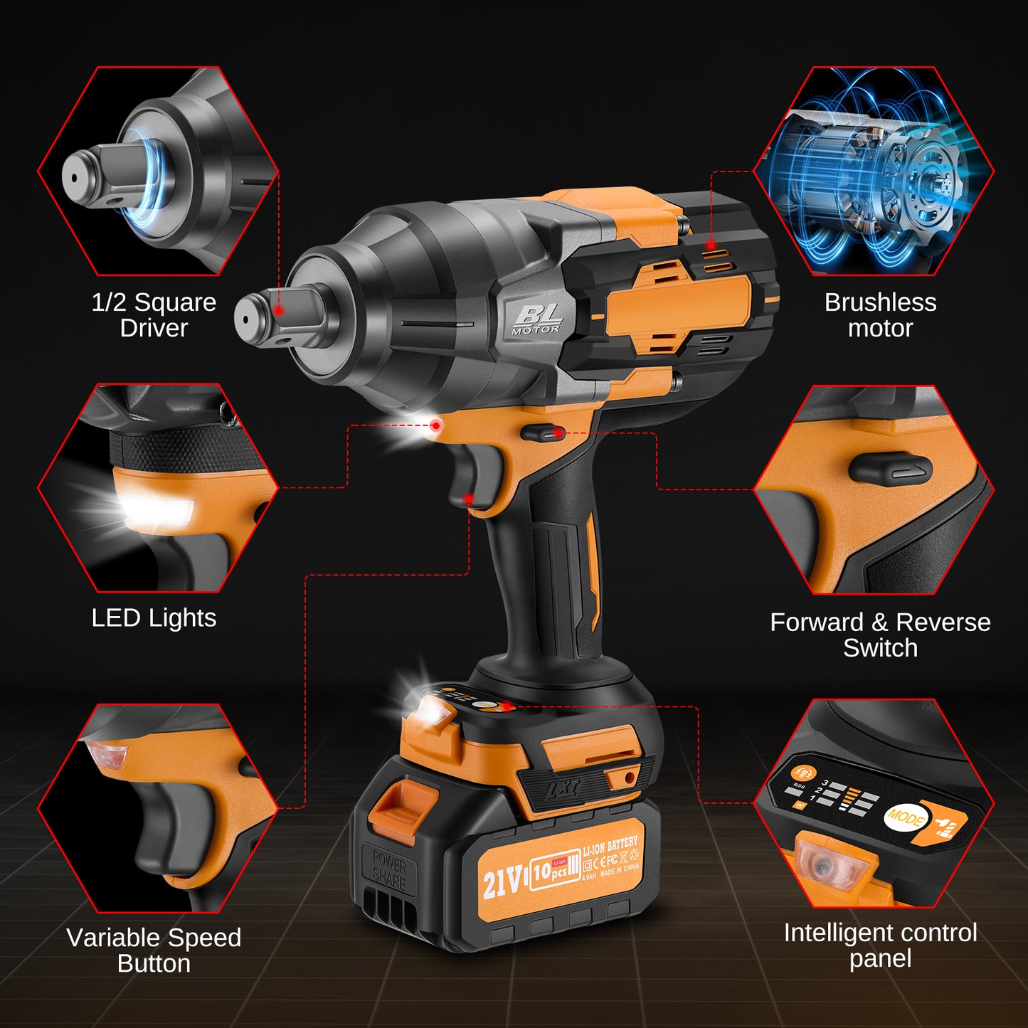 SPEEDWOW 3/4" Cordless Impact Wrench, 1600Nm Max Torque Brushless Motor, 21V 3-Speed Tool Only, Fits 20V Max Slide-On Batteries, for Car/Farm/Garage Repair