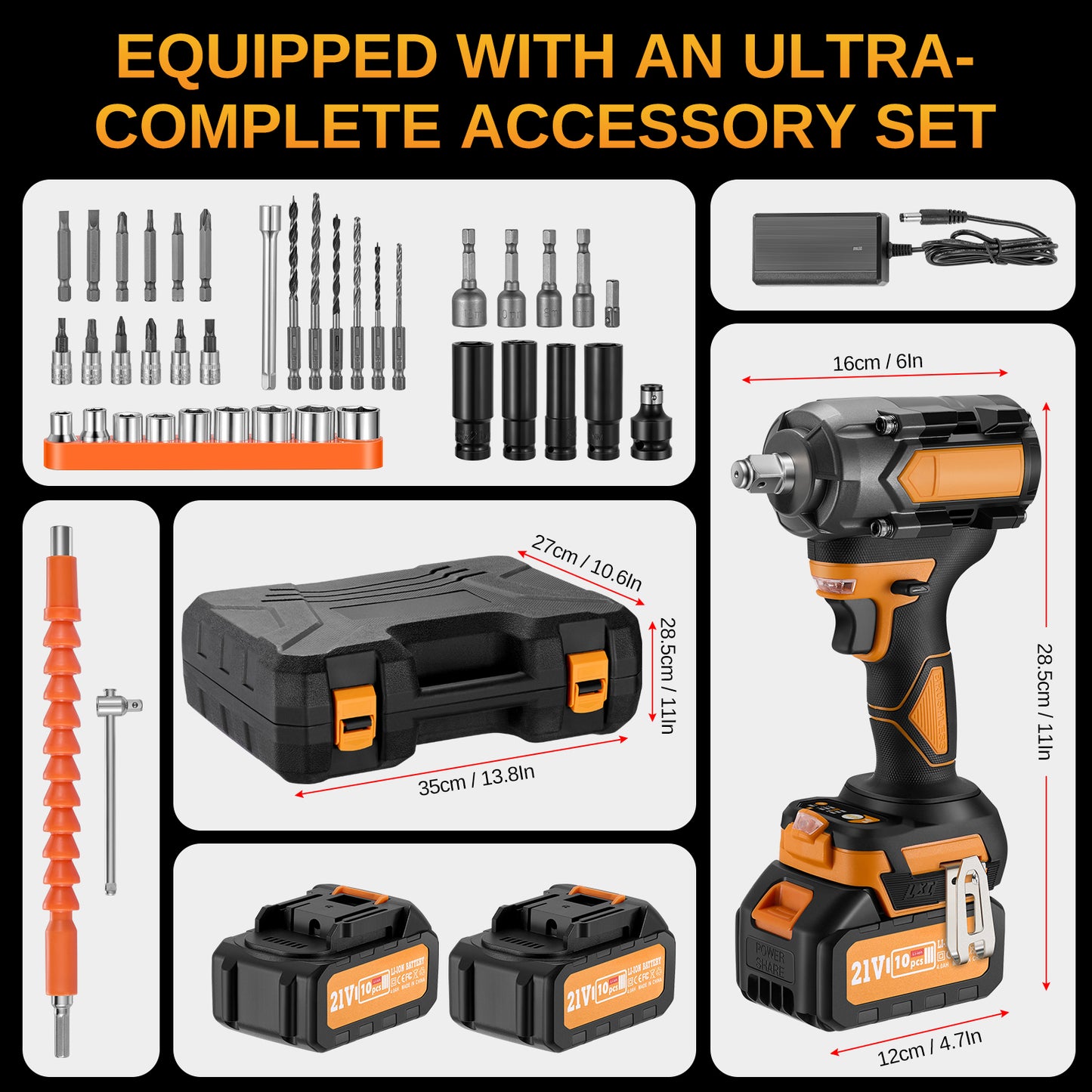 SPEEDWOW Cordless Impact Wrench, 443Ft-lbs (600N.m) 1/2" Brushless Impact Driver, 21V High Torque Power Wrench with 2x4.0Ah Battery, Charger, 17 Sockets, 6 Drills, 12 Screws for Car/Truck