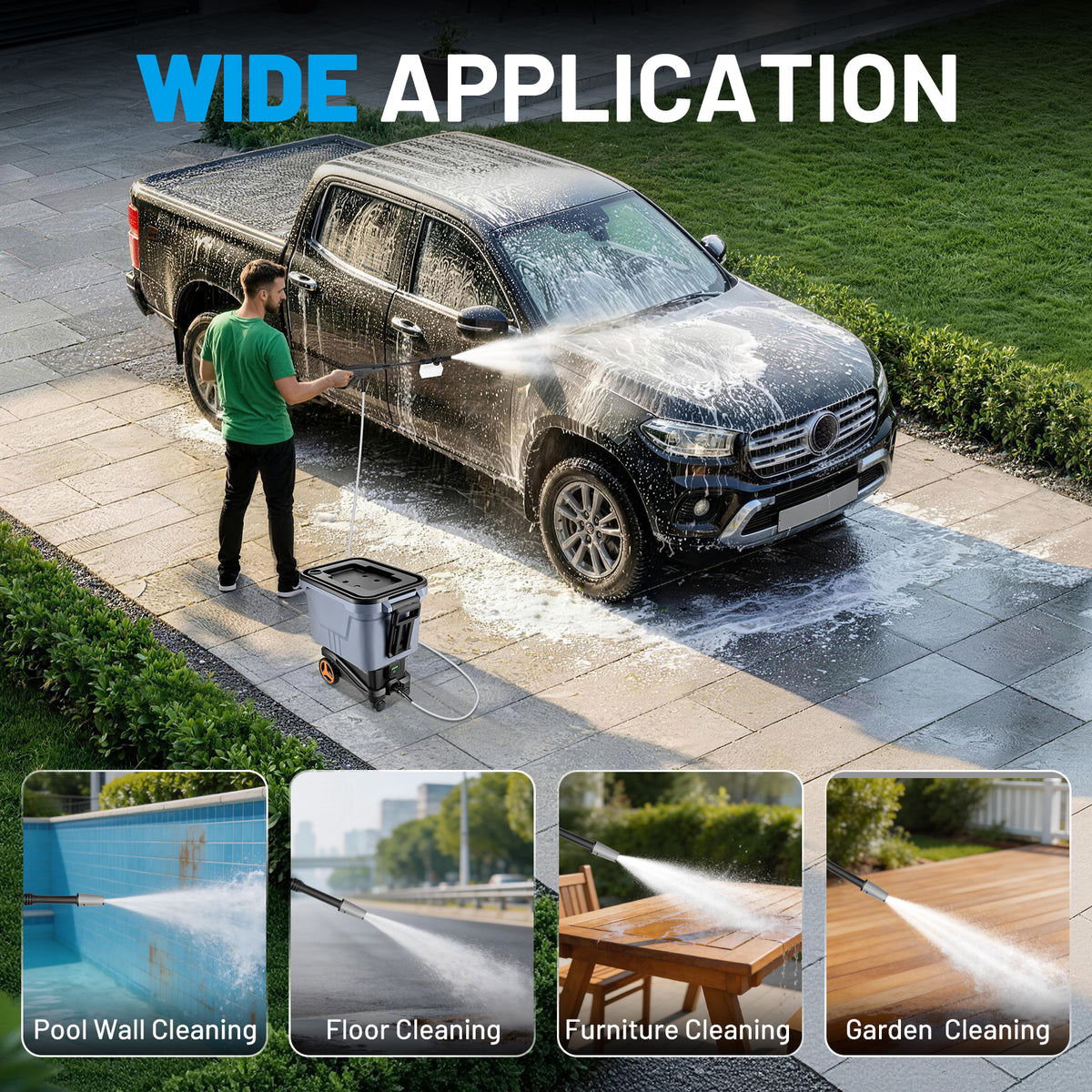 SPEEDWOW 2000PSI 1.1 GPM Cordless Pressure Washer, 7.2 Gal Water Tank, 3 Water Supply Modes, 0°-180° Swivel Joint, 16FT Hose for Car, Fence, Driveway, Patio, Deck