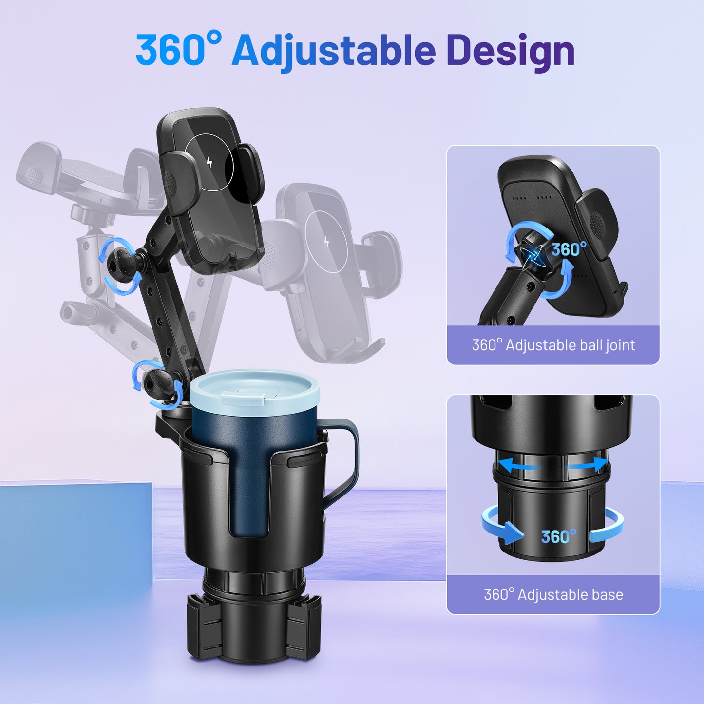 SPEEDWOW 3-in-1 Car Wireless Charger Cup Holder, 15W Fast Charge & 360° Phone Mount, Fits All Phone