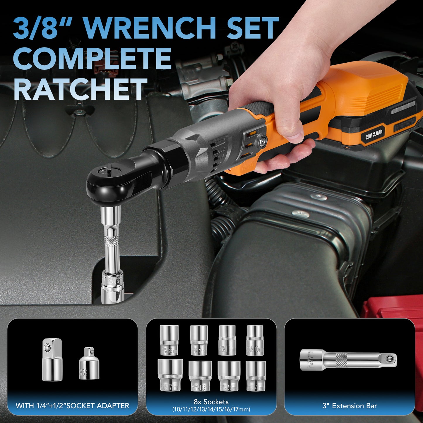 SPEEDWOW 21V Cordless Electric Ratchet Wrench Set, 66Ft-lbs 200RPM Power Ratchet Wrench 3/8", Variable Speed Trigger, 2x 2.0A Batteries & Charger, 8 Sockets, 1/4" and 1/2" Adapter, 3" Extension Bar