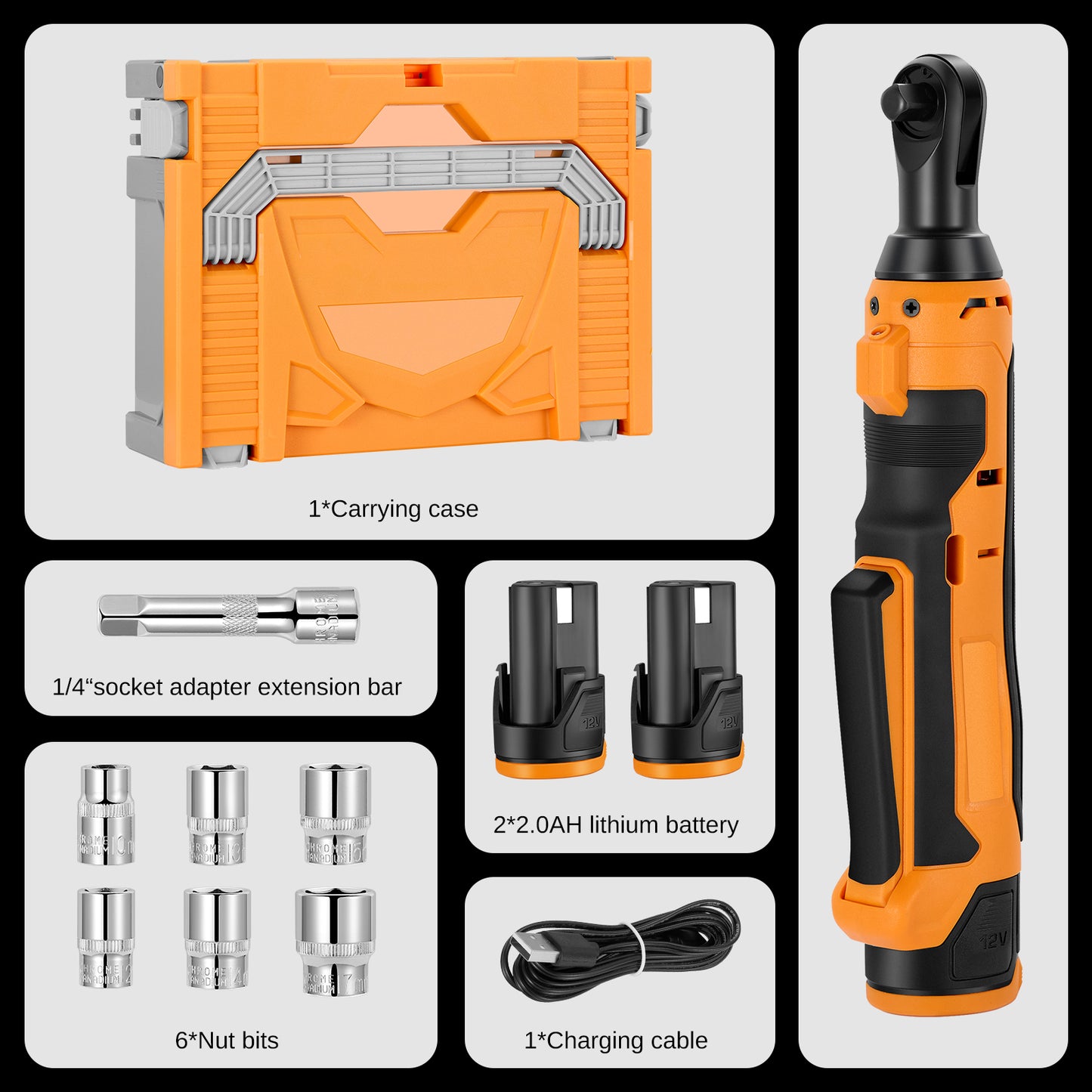 SPEEDWOW Cordless Electric Ratchet Wrench Set, 3/8" 12V Power Ratchet Tool Kit with 2x2.0Ah Lithium-Ion Battery, 7 Sockets, 48Ft-lbs & LED Light for Automobile Engine, Appliances and Farm Equipment