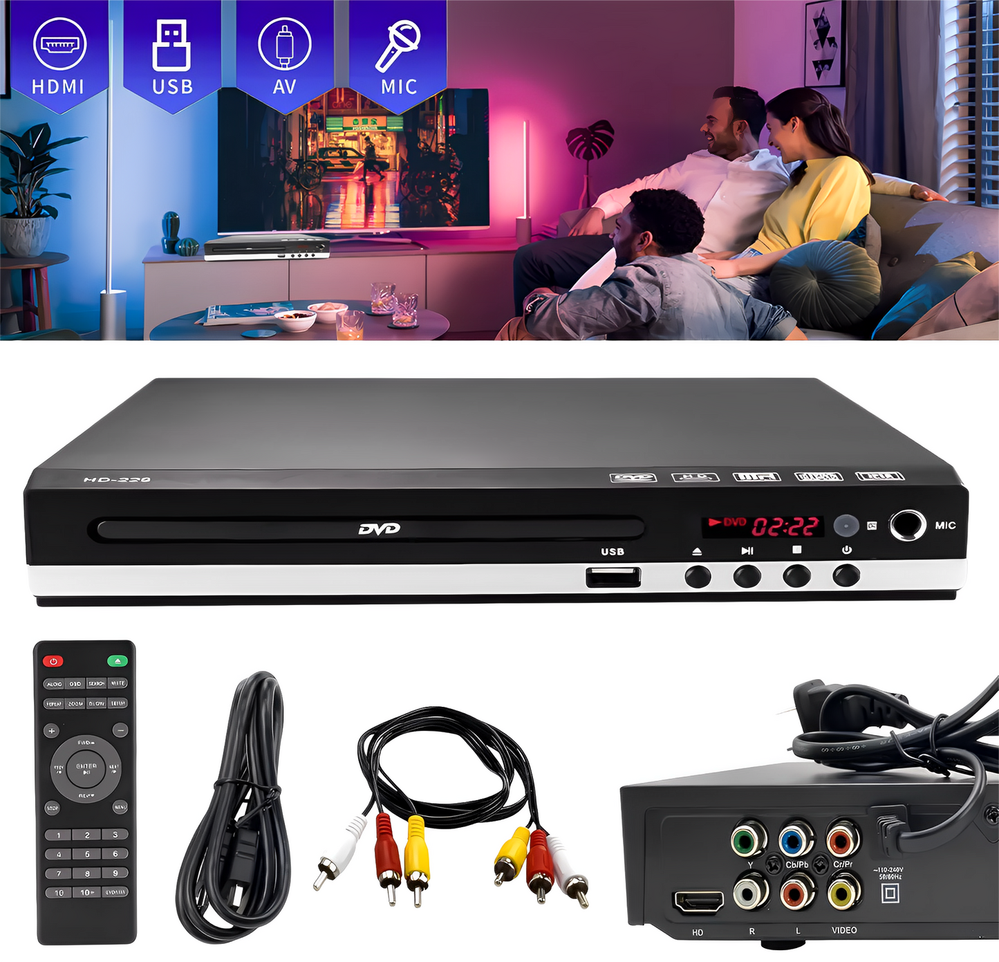 1080P HD DVD Player for Smart TV, Compact DVD Player with USB Input and HDMI/AC Output, Remote Control, All Region Free, Support PAL/NTSC System