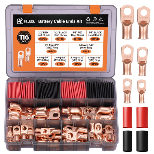 Filluck 116Pcs Copper Wire Lugs AWG 2 4 6 8 10 12 with Heat Shrink Set, Battery Cable Lugs Battery Cable Ends Ring Terminals Connectors with Heat Shrink Tubing Assortment Kit