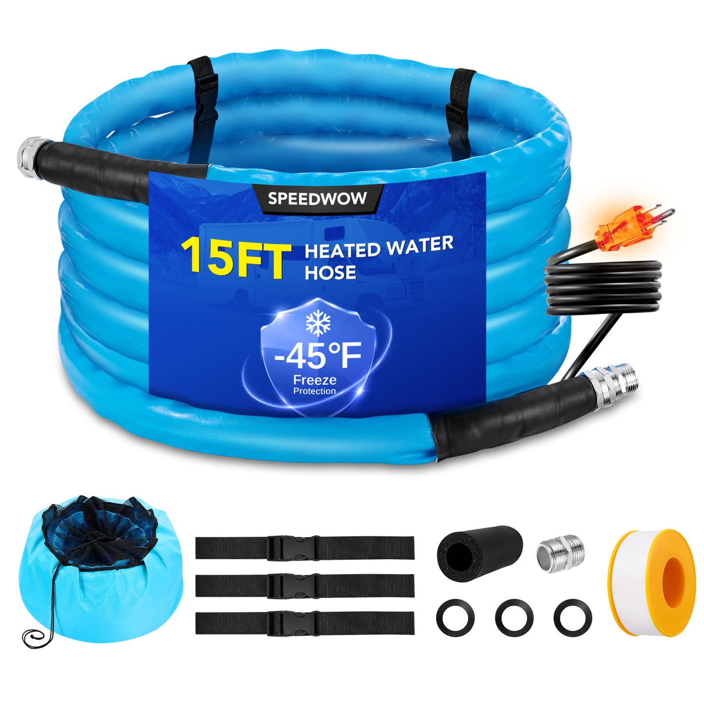 15FT Heated Drinking Water Hose for RV, Water Line Freeze Protection Down to -43.6°F/-42°C Heavy Duty Heated RV Fresh Water Hose for RV, Camper, Energy Saving Thermostat, No Leaks, Lead and BPA Free