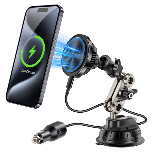 SPEEDWOW Magnetic Wireless Car Charger for MagSafe Car Mount for Dashboard & Windshield, Phone Holder 360° Suction Cup & Aluminum Alloy Telescopic Arm, 15W Fast Charging Compatible with All Smartphones