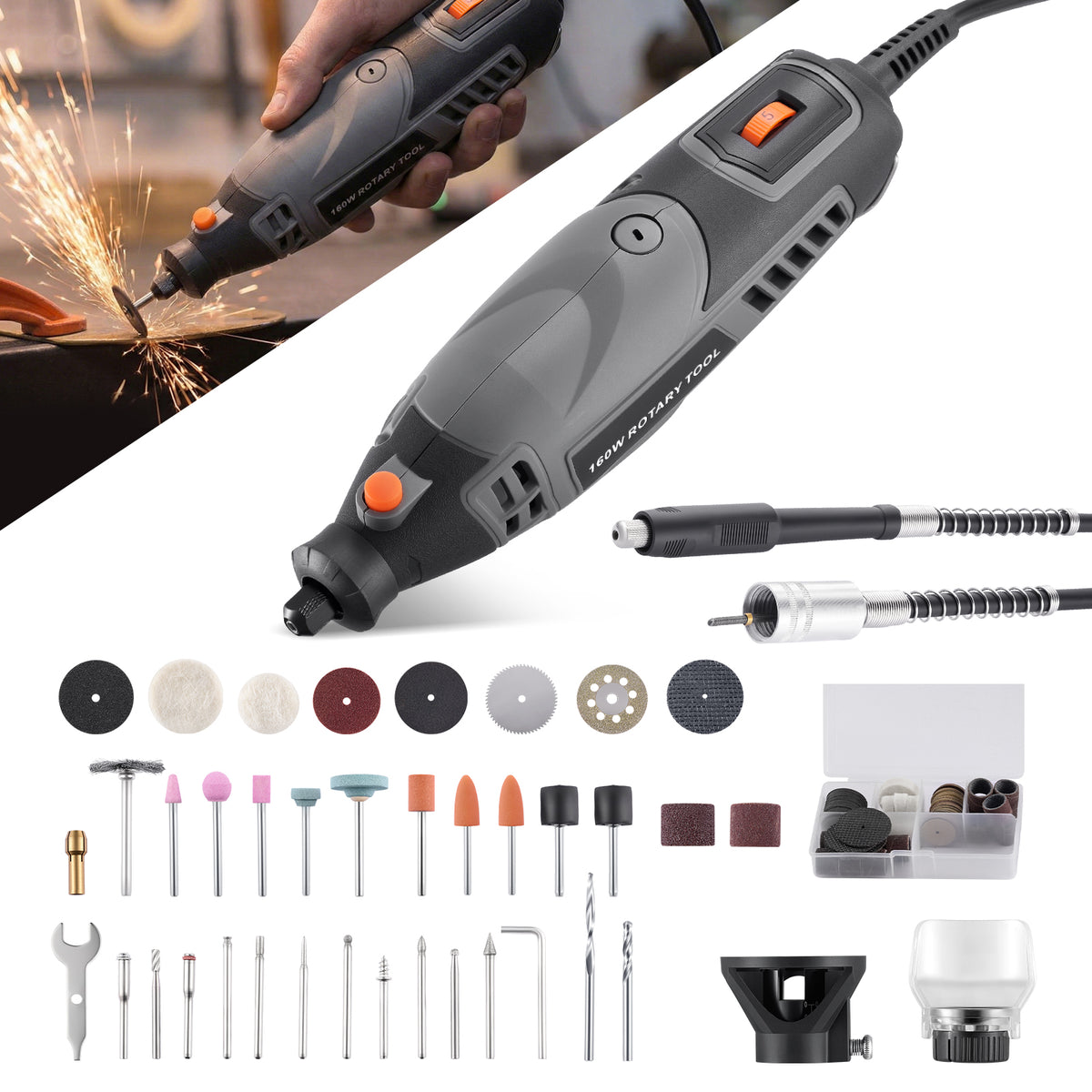 SPEEDWOW Rotary Tool Kit, 160W Corded Power Rotary Tools with 160 Accessories and Flex Shaft, 33000RPM 5 Variable Speed Electric Drill Set for Wood Carving, Engraving, Grinding, Sanding, DIY