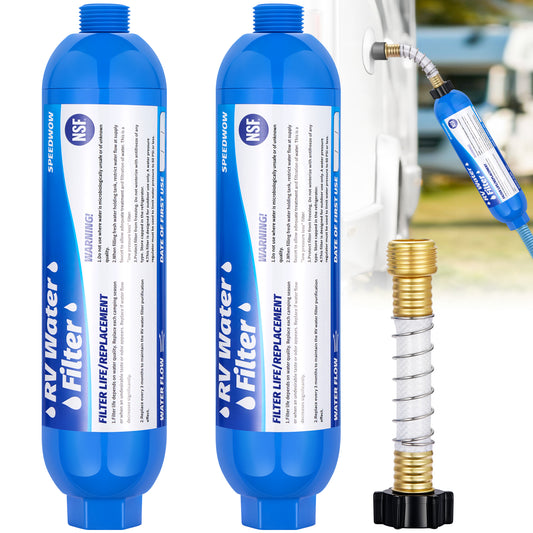 SPEEDWOW 2Pcs RV Water Filter, RV Inline Water Filter with Flexible Hose Protector, NSF Certified, KDF&GAC Reduces Bad Taste, Odors, Chlorine, Sediment, Camping Essentials for Fresh Drinking Water