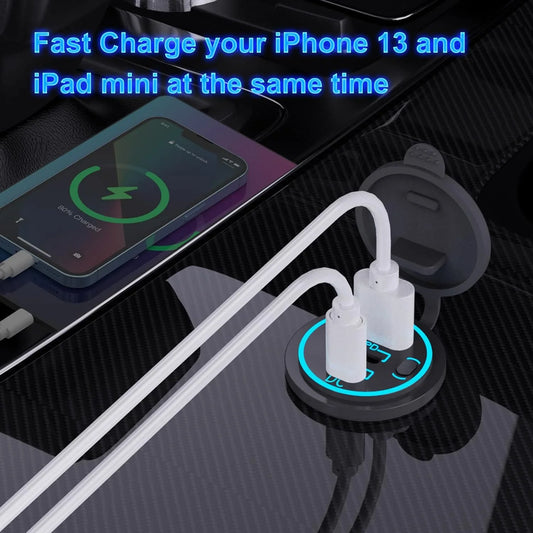 SPEEDWOW Dual USB Quick Charge 3.0 Port & PD USB C Car Charger Socket, 12V USB Outlet with Voltmeter and Power Switch for Car Boat Marine Truck