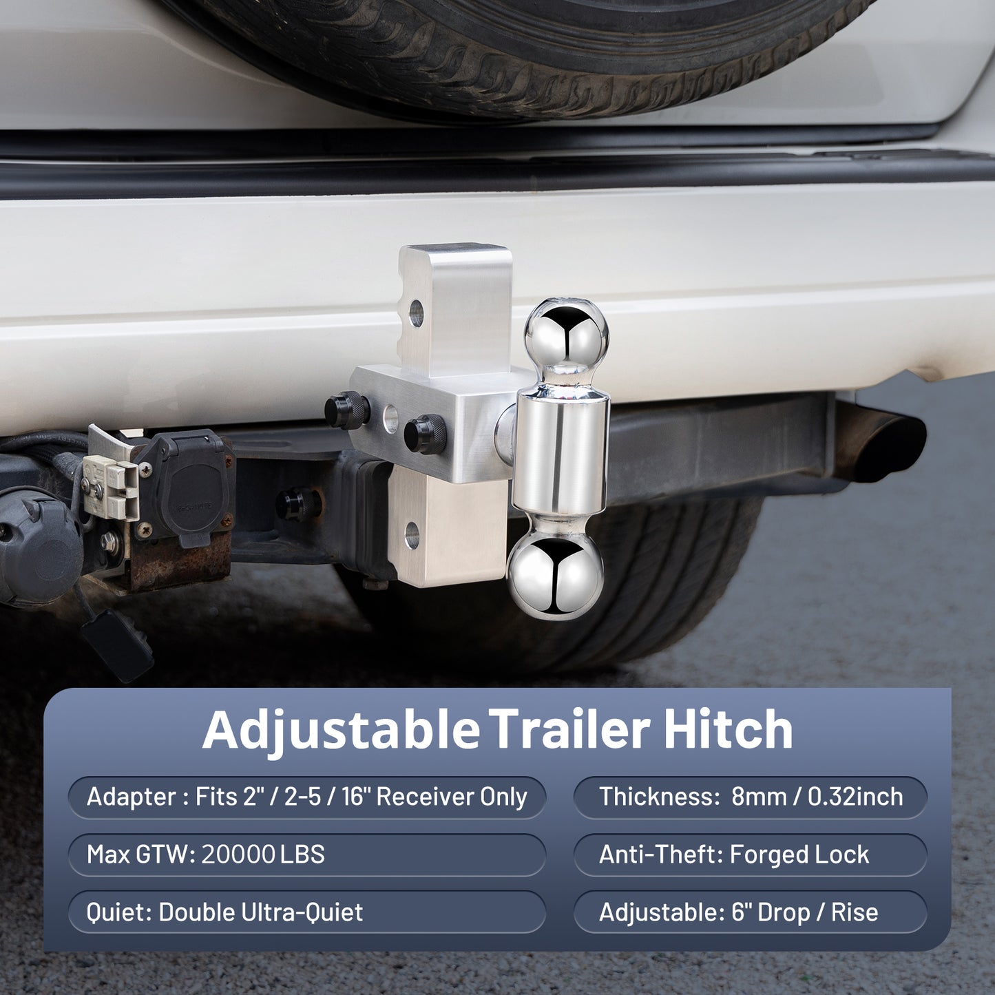 SPEEDWOW 20,000 lbs Heavy Duty Adjustable Trailer Hitch, 2" Hitch Receiver, 6" Drop/Rise, Aluminum Tow Hitch for Truck & RV, Dual Stainless Steel Pins, Anti-Corrosion